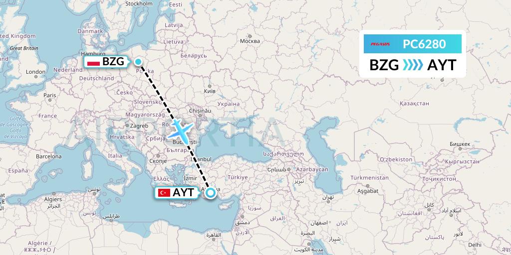 PC6280 Pegasus Airlines Flight Map: Bydgoszcz to Antalya