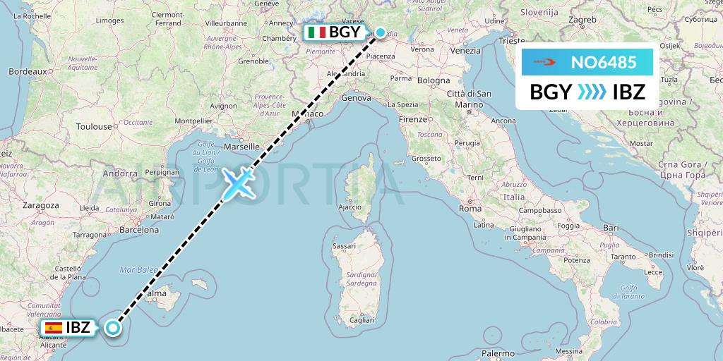 NO6485 Neos Flight Map: Milan to Ibiza