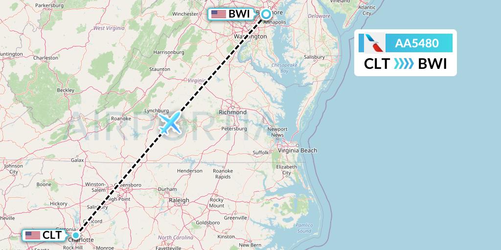 AA5480 American Airlines Flight Map: Charlotte to Baltimore