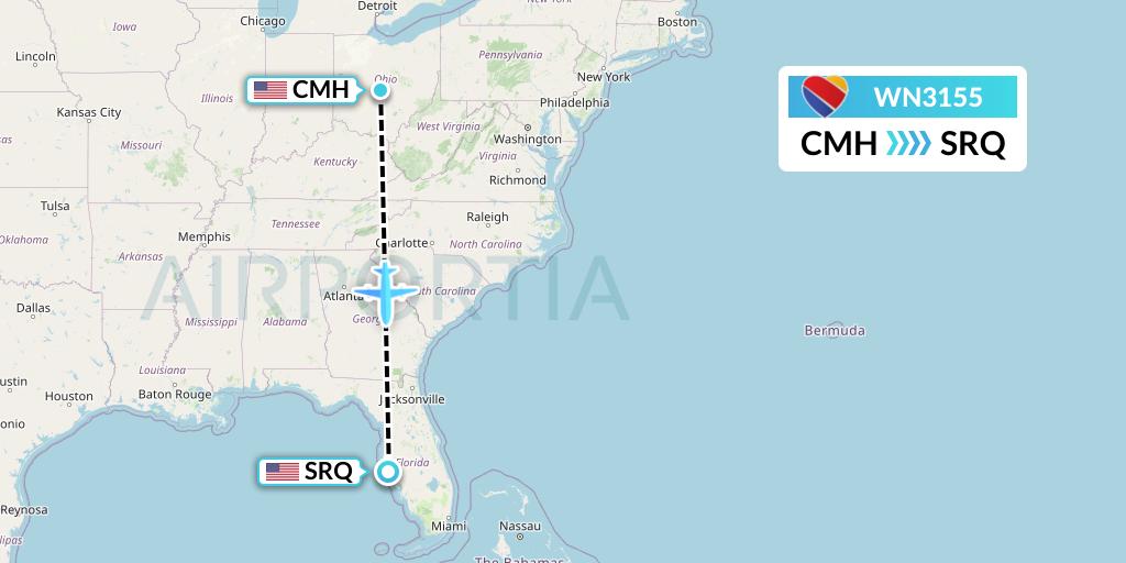 WN3155 Southwest Airlines Flight Map: Columbus to Sarasota