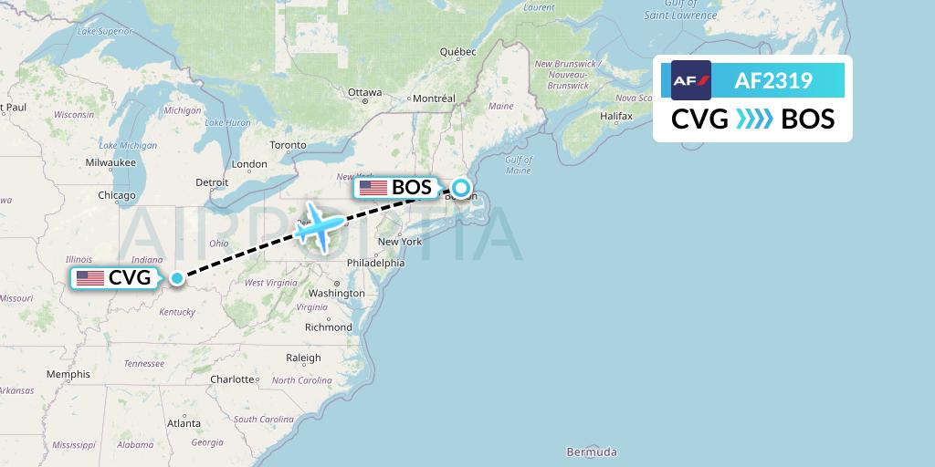 AF2319 Air France Flight Map: Cincinnati to Boston