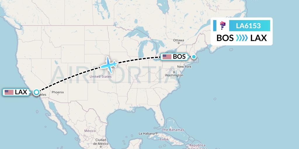 LA6153 LAN Airlines Flight Map: Boston to Los Angeles