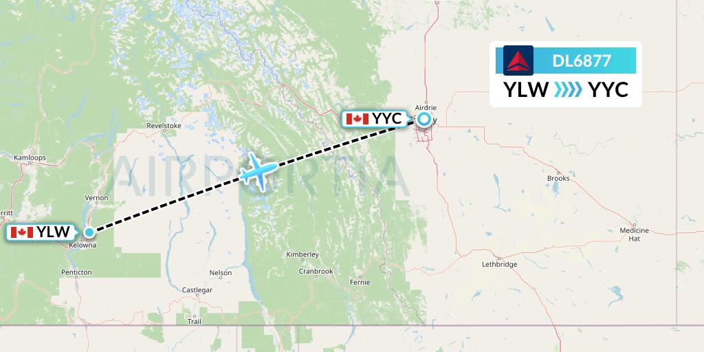 DL6877 Delta Air Lines Flight Map: Kelowna to Calgary