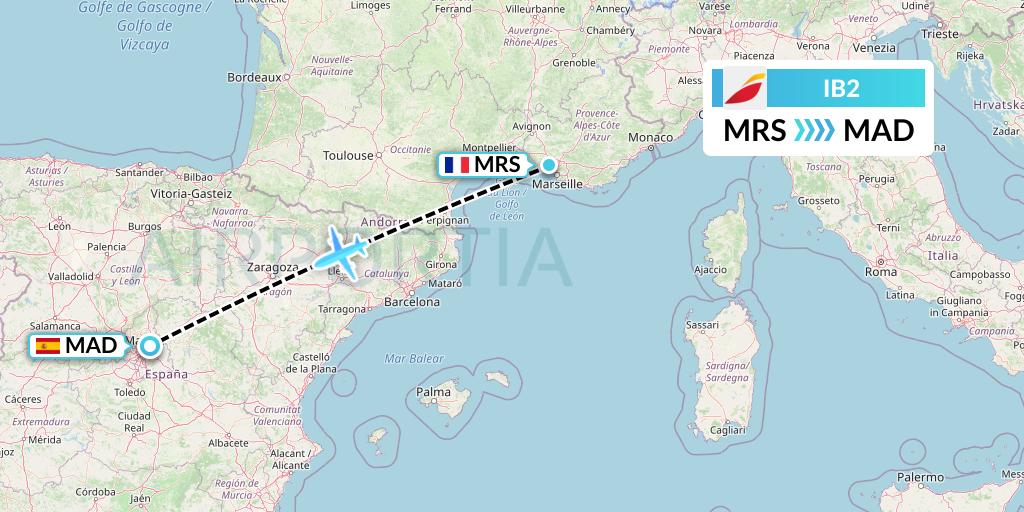 IB2 Iberia Flight Map: Marseille to Madrid