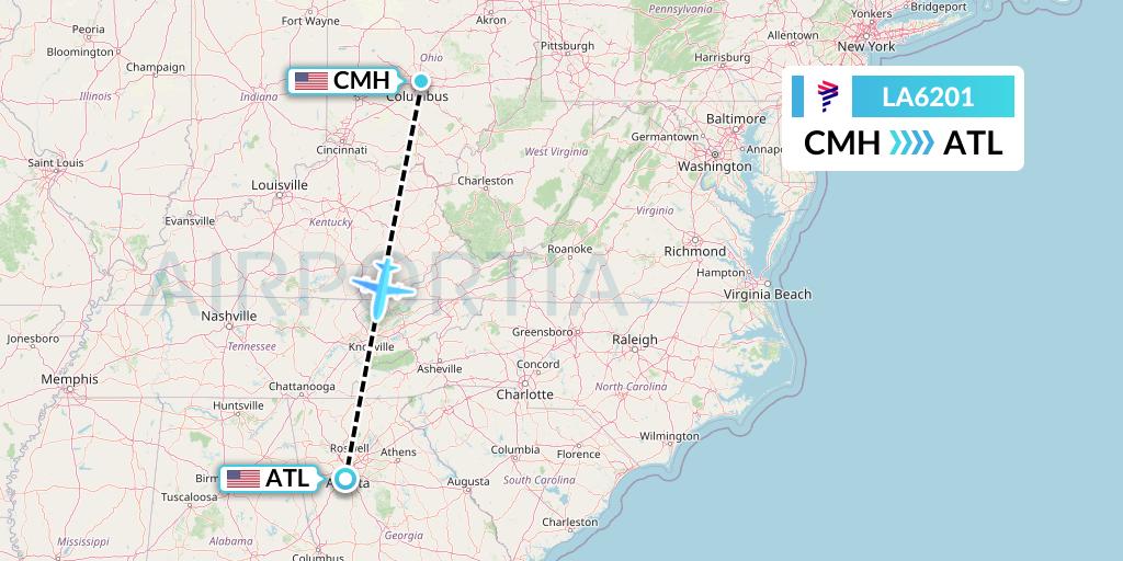 LA6201 LAN Airlines Flight Map: Columbus to Atlanta