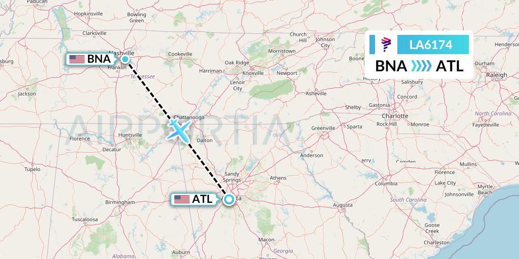 LA6174 LAN Airlines Flight Map: Nashville to Atlanta