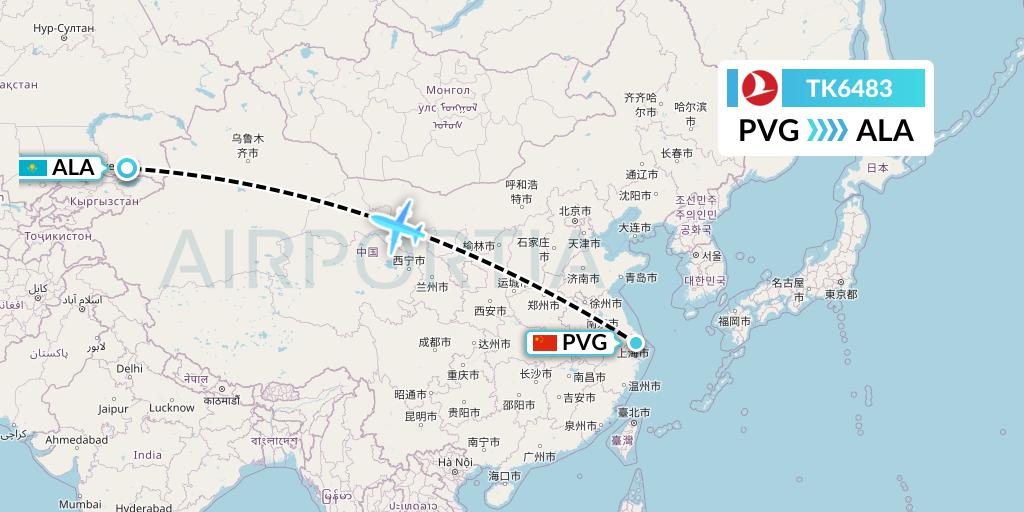 TK6483 Turkish Airlines Flight Map: Shanghai to Almaty