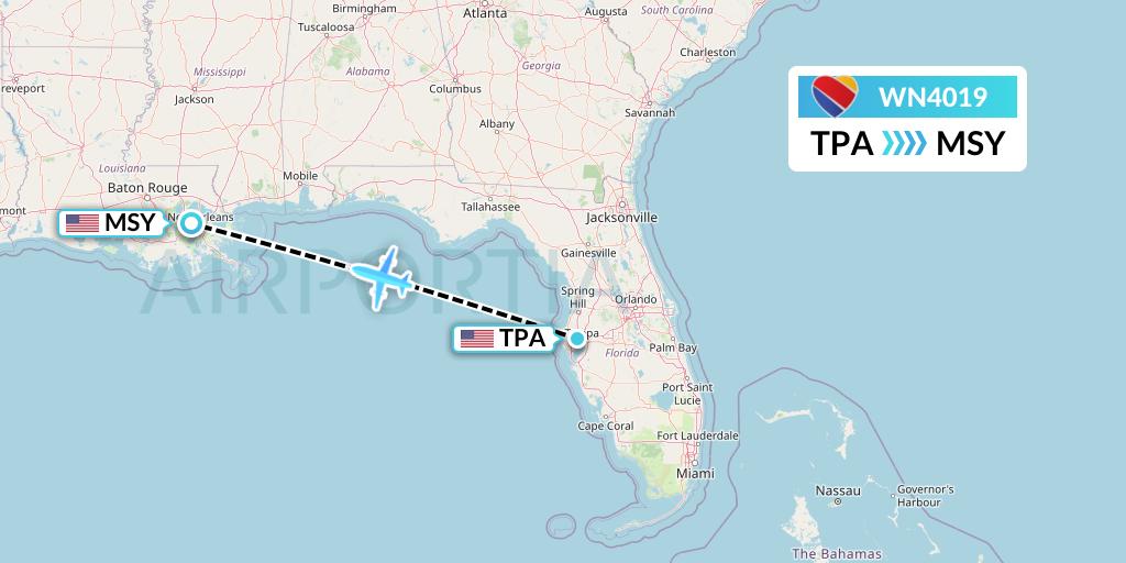 WN4019 Southwest Airlines Flight Map: Tampa to New Orleans