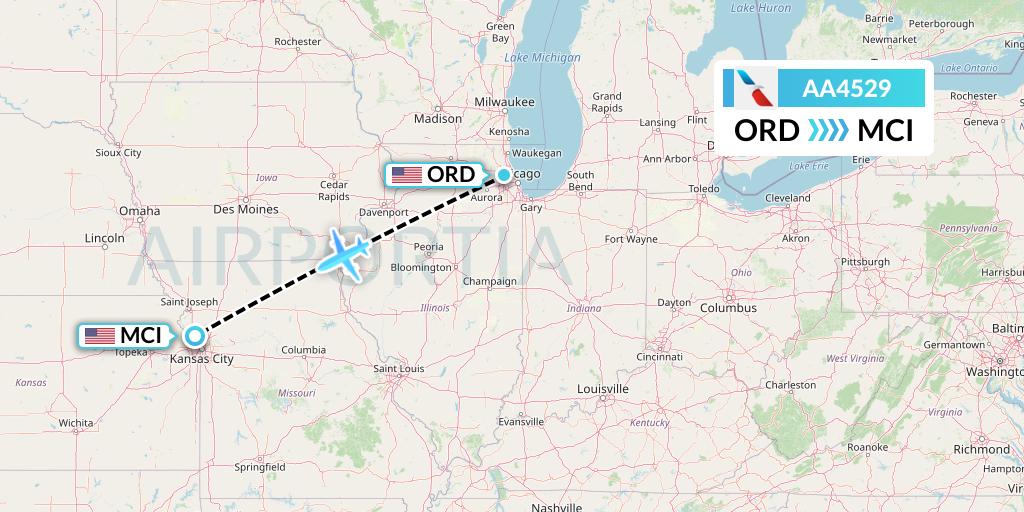 AA4529 American Airlines Flight Map: Chicago to Kansas City