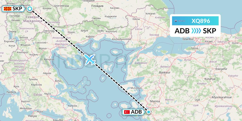 XQ896 SunExpress Flight Map: Izmir to Skopje