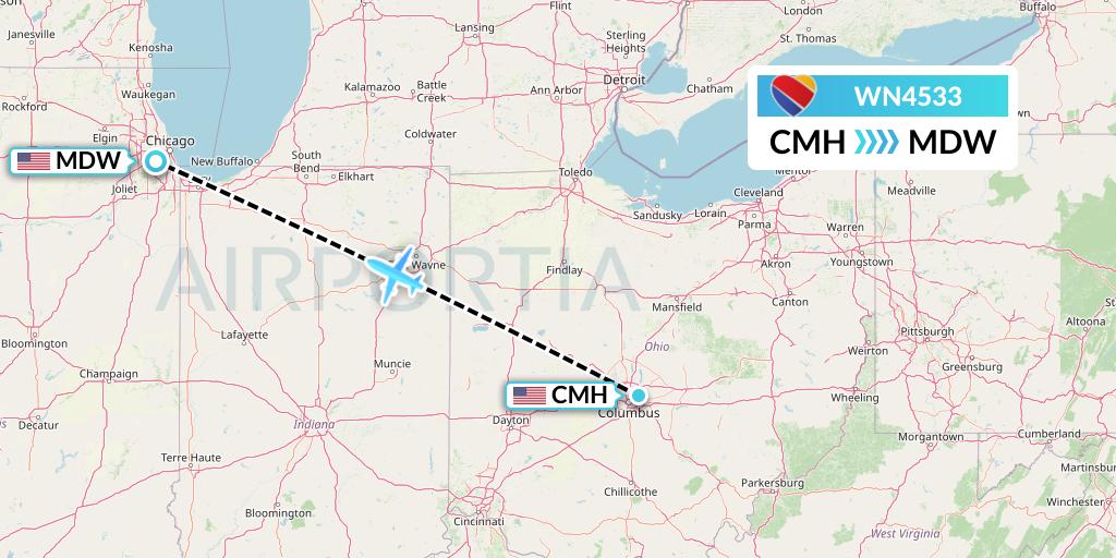 WN4533 Southwest Airlines Flight Map: Columbus to Chicago