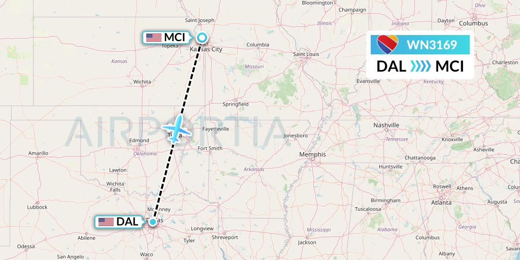 WN3169 Southwest Airlines Flight Map: Dallas to Kansas City