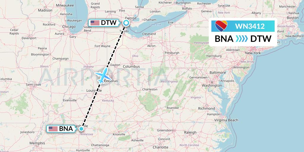 WN3412 Southwest Airlines Flight Map: Nashville to Detroit