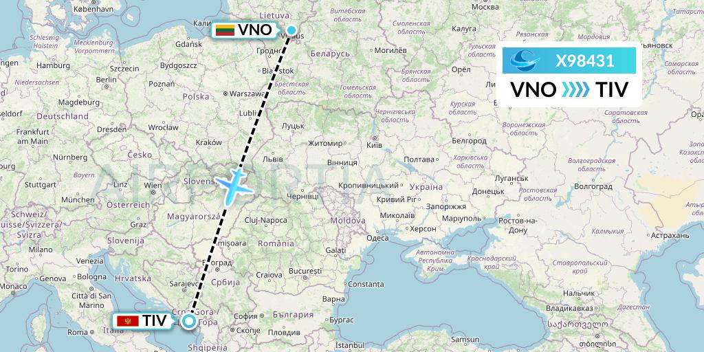 X98431 Avion Express Flight Map: Vilnius to Tivat