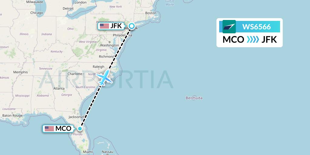 WS6566 WestJet Flight Map: Orlando to New York