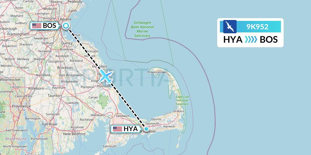 9K952 Cape Air Flight Map: Hyannis to Boston