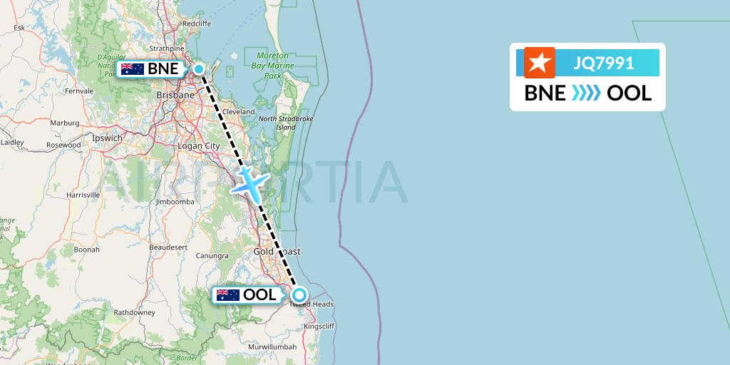 JQ7991 Jetstar Airways Flight Map: Brisbane to Gold Coast