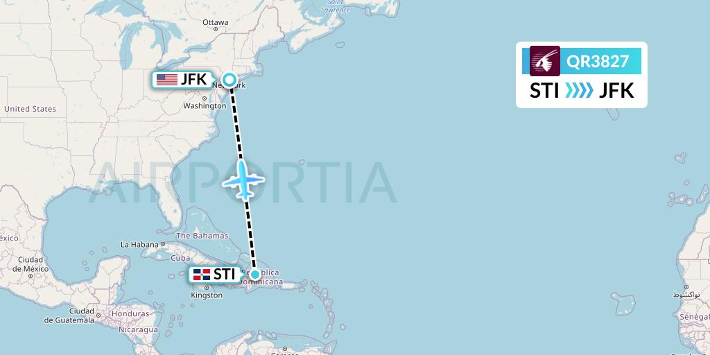QR3827 Qatar Airways Flight Map: Santiago de los Caballeros to New York