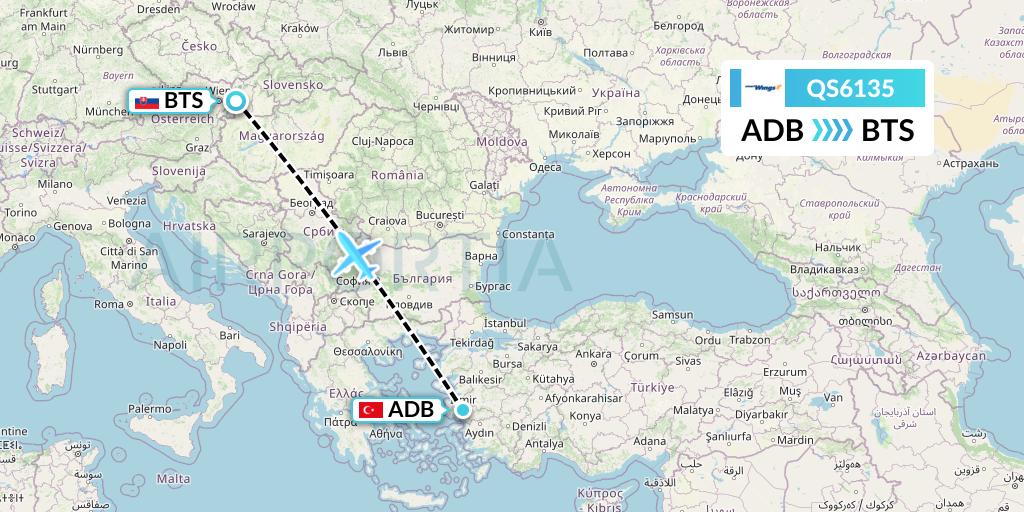 QS6135 Smartwings Flight Map: Izmir to Bratislava