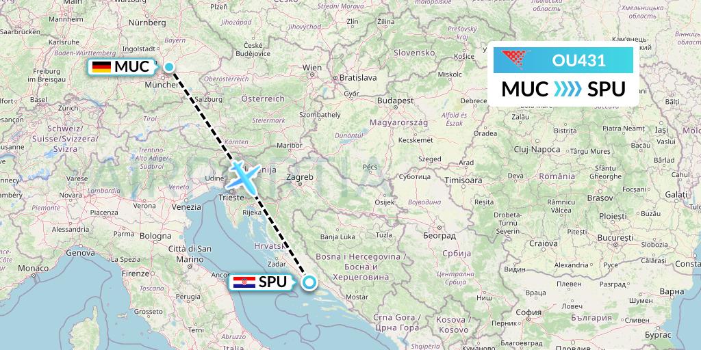 OU431 Croatia Airlines Flight Map: Munich to Split