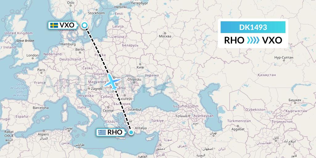 DK1493 Thomas Cook Airlines Scandinavia Flight Map: Rhodes to Vaxjo