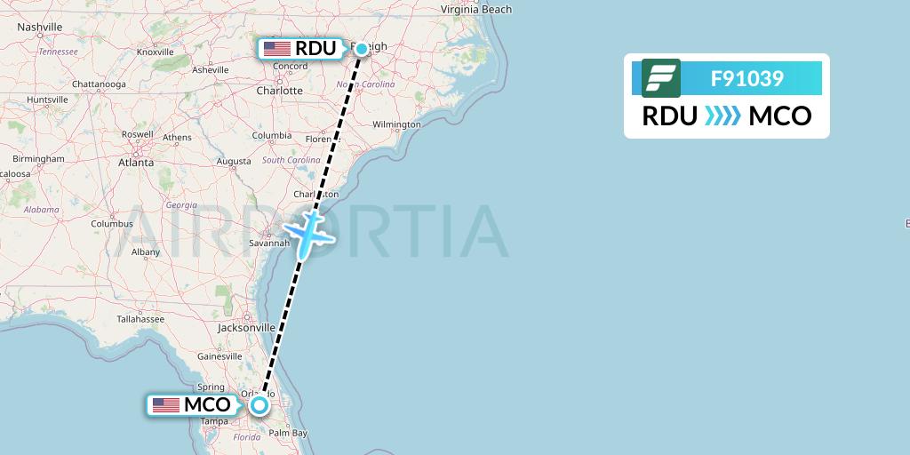 F91039 Frontier Airlines Flight Map: Raleigh-Durham to Orlando