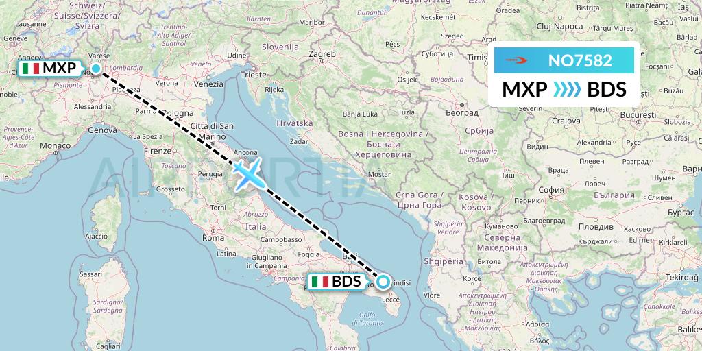 NO7582 Neos Flight Map: Milan to Brindisi