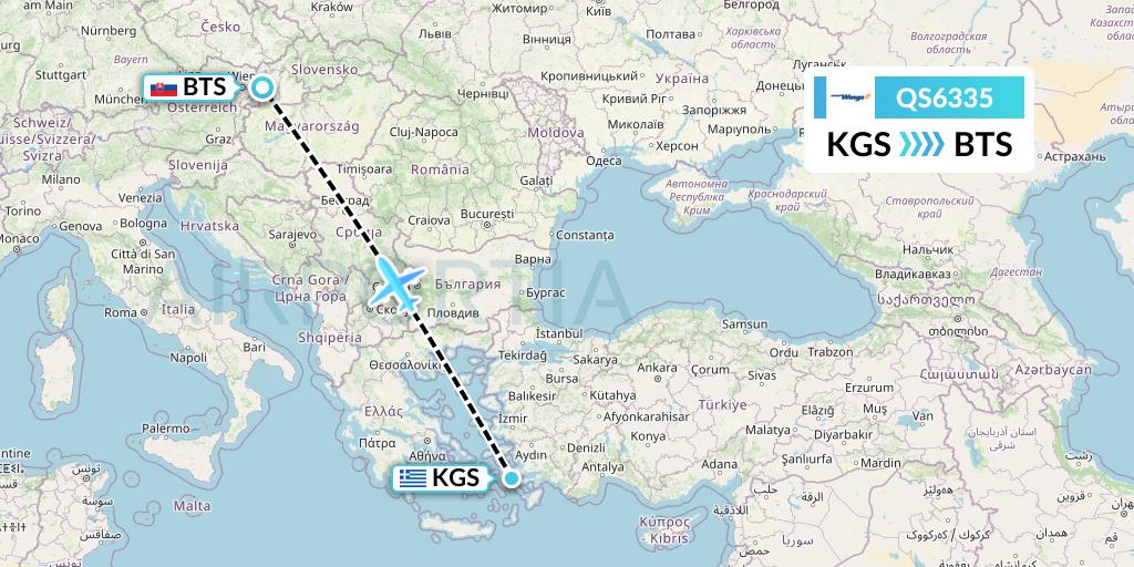 QS6335 Smartwings Flight Map: Kos to Bratislava