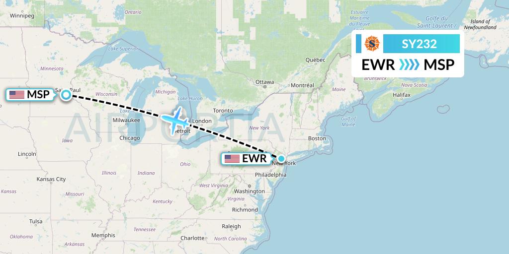 SY232 Sun Country Airlines Flight Map: New York to Minneapolis