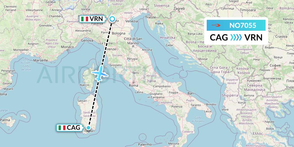 NO7055 Neos Flight Map: Cagliari to Verona