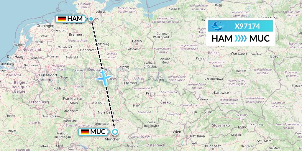 X97174 Avion Express Flight Map: Hamburg to Munich