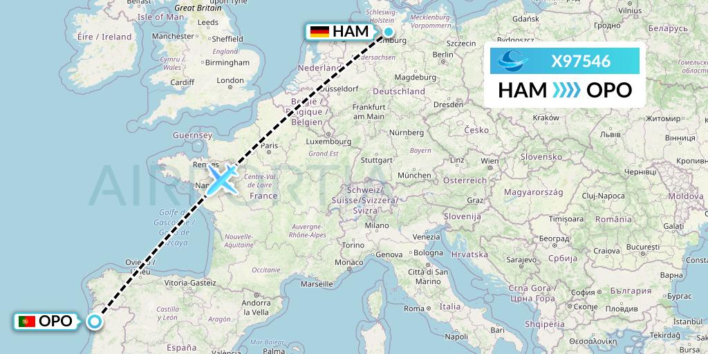 X97546 Avion Express Flight Map: Hamburg to Porto