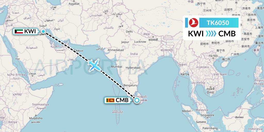 TK6050 Turkish Airlines Flight Map: Kuwait City to Colombo