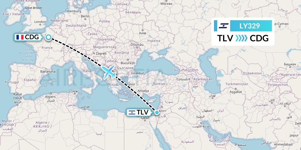 LY329 El Al Flight Map: Tel Aviv to Paris