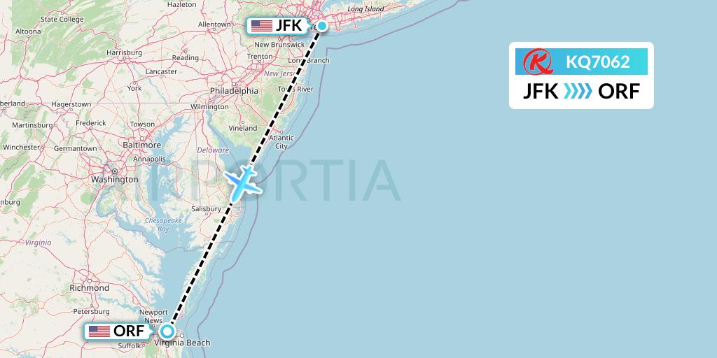 KQ7062 Kenya Airways Flight Map: New York to Norfolk
