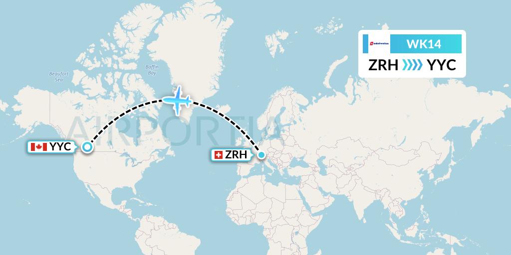 WK14 Edelweiss Air Flight Map: Zurich to Calgary