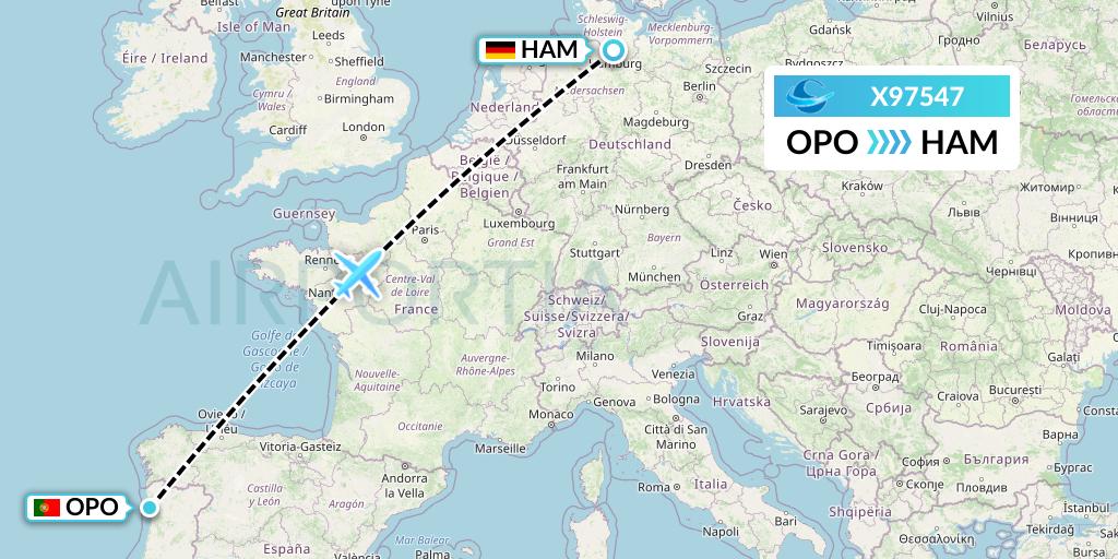 X97547 Avion Express Flight Map: Porto to Hamburg