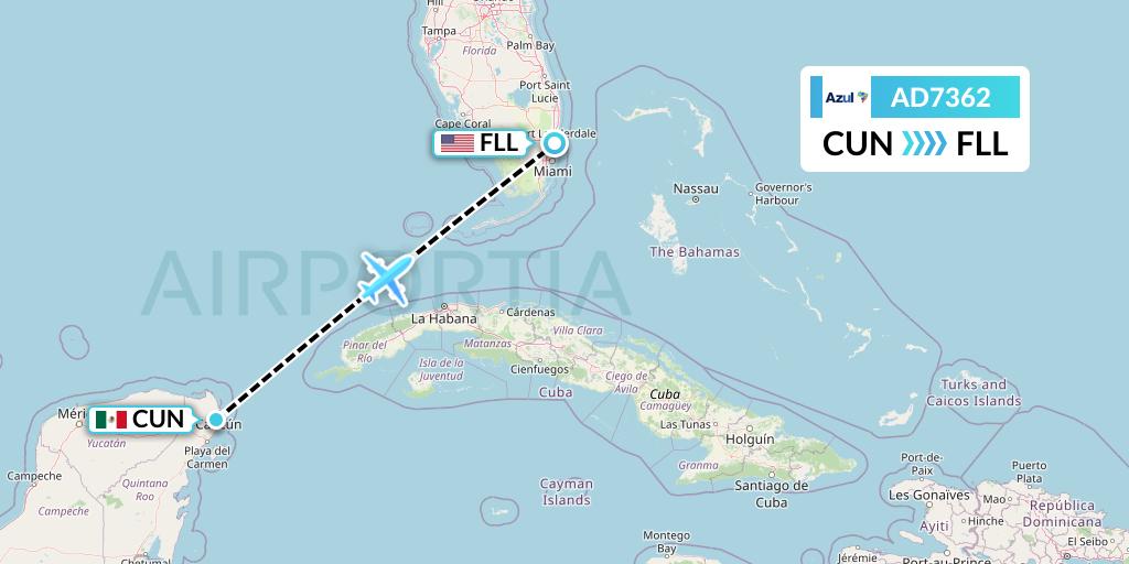 AD7362 Azul Brazilian Airlines Flight Map: Cancun to Fort Lauderdale
