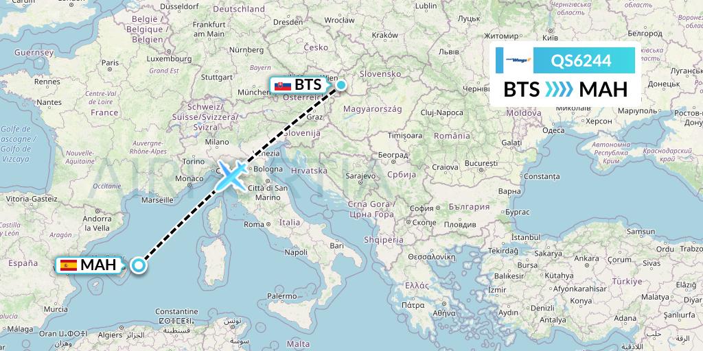 QS6244 Smartwings Flight Map: Bratislava to Mahon
