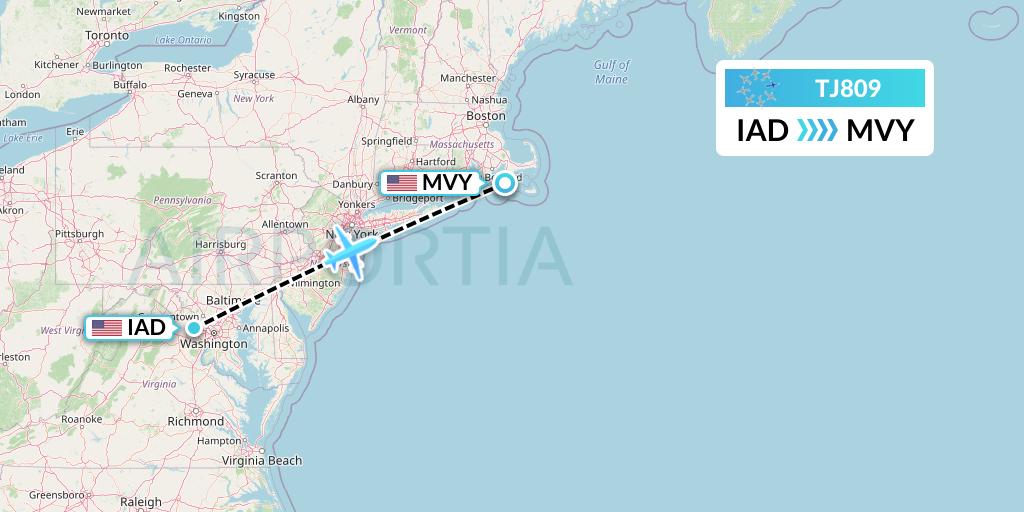 TJ809 Tradewind Aviation Flight Map: Washington to Martha's Vineyard