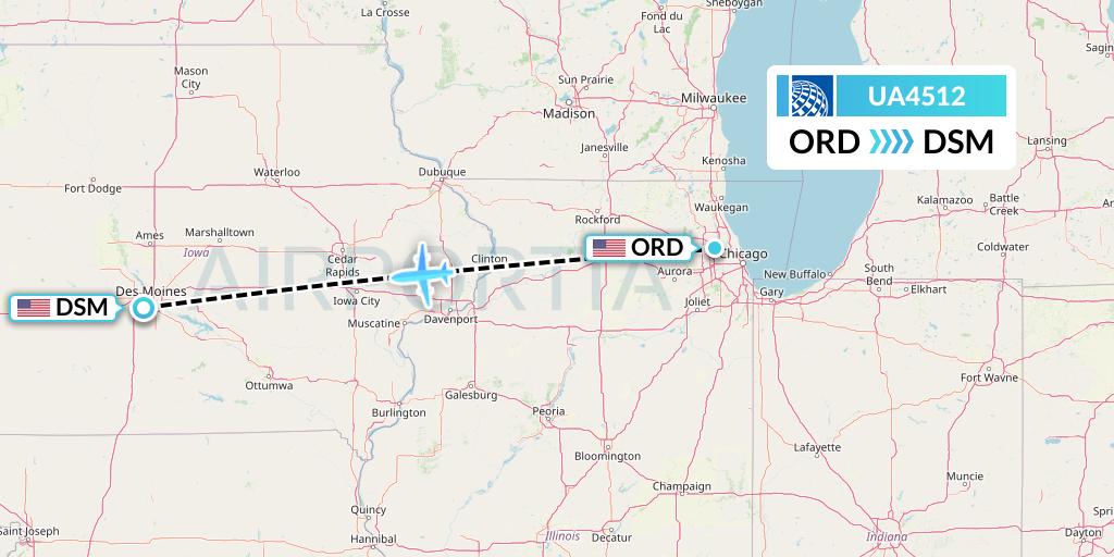 UA4512 United Airlines Flight Map: Chicago to Des Moines