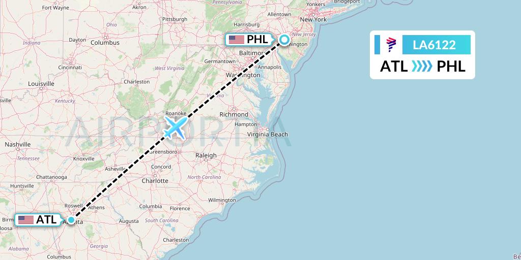 LA6122 LAN Airlines Flight Map: Atlanta to Philadelphia
