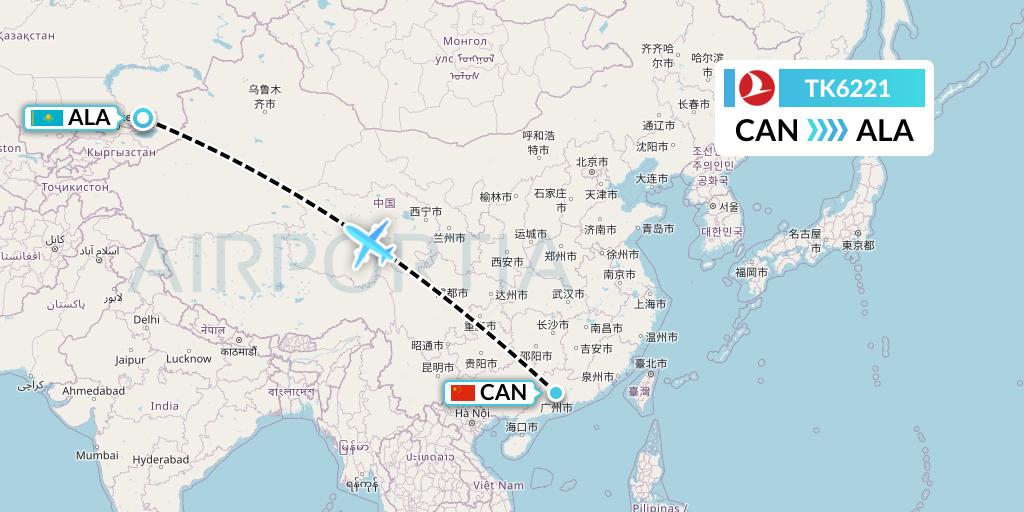 TK6221 Turkish Airlines Flight Map: Guangzhou to Almaty