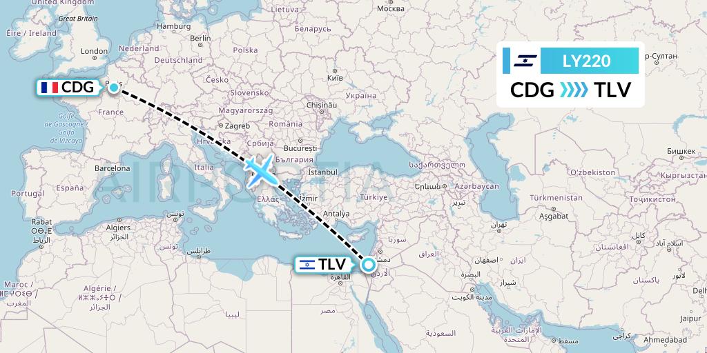 LY220 El Al Flight Map: Paris to Tel Aviv