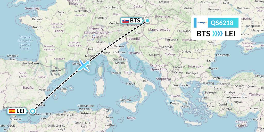 QS6218 Smartwings Flight Map: Bratislava to Almeria