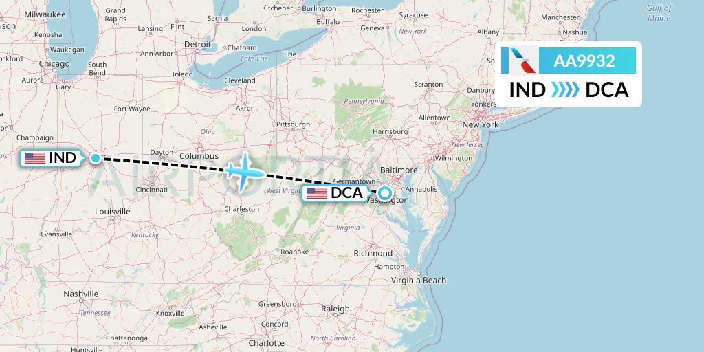 AA9932 American Airlines Flight Map: Indianapolis to Washington