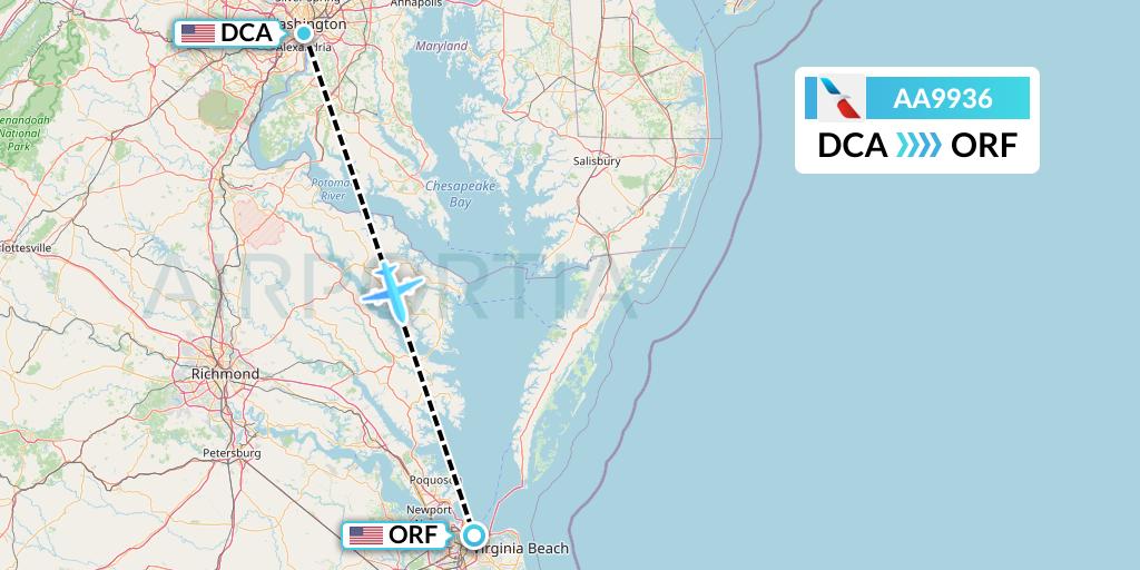 AA9936 American Airlines Flight Map: Washington to Norfolk