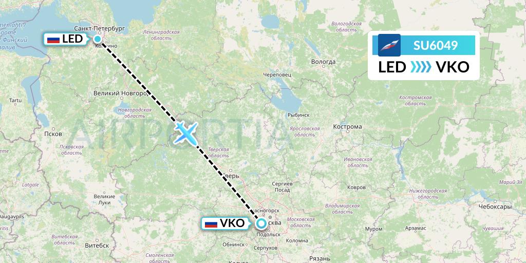 SU6049 Aeroflot Flight Map: St. Petersburg to Moscow