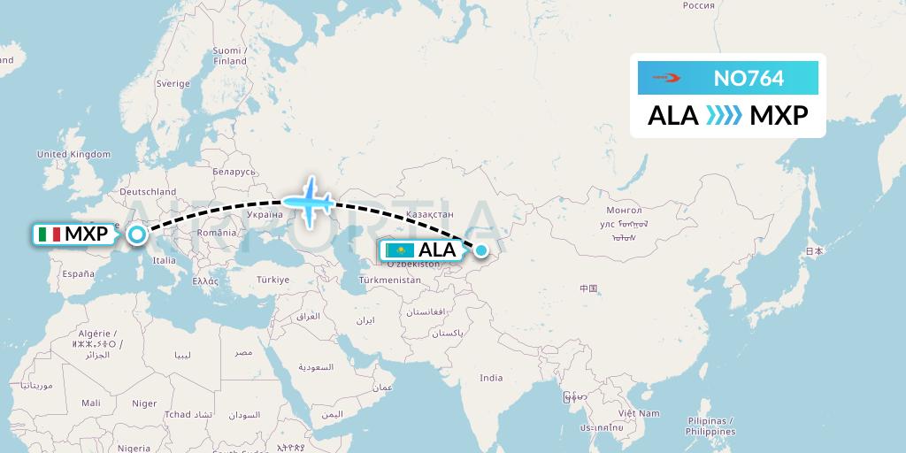 NO764 Neos Flight Map: Almaty to Milan