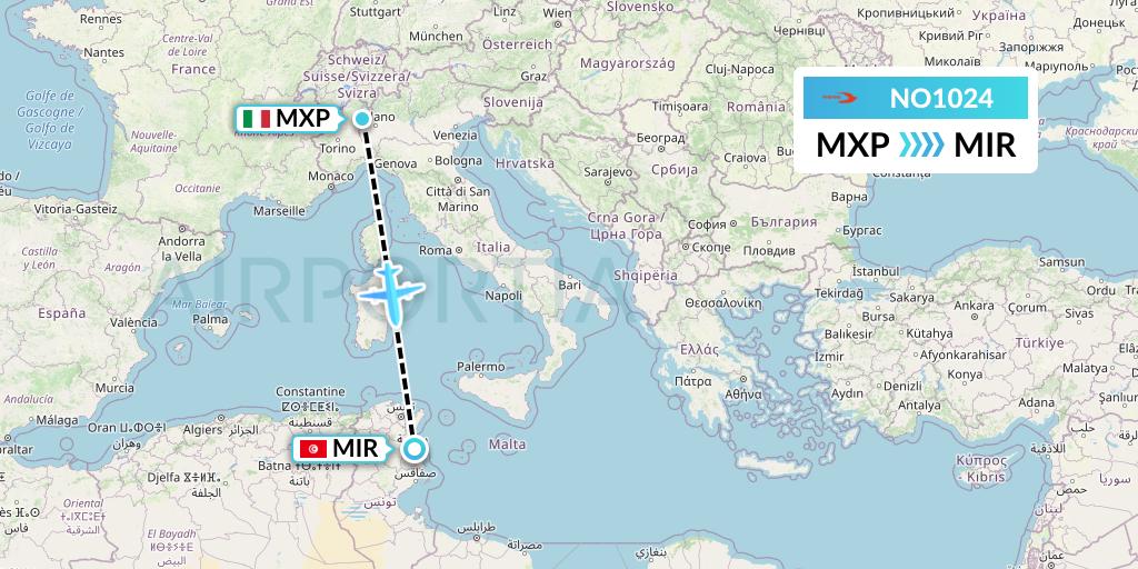 NO1024 Neos Flight Map: Milan to Monastir